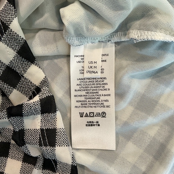 Free People Gather Turtleneck Top Black Combo Gingham Mesh Puff Sleeve M NWT - Picture 12 of 14